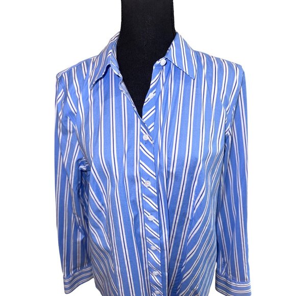 Talbots Non-Iron Blue White Striped Long-Sleeve Button-Up Shirt 14 Office Siren - Picture 3 of 9